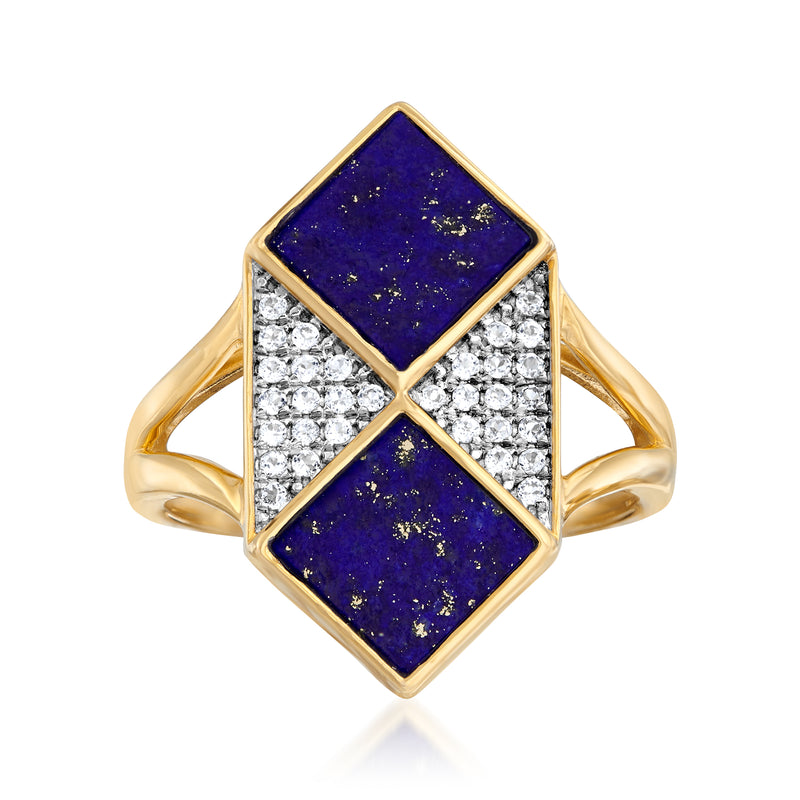 Lapis and white topaz ring in gold over sterling silver, with geometric inlay