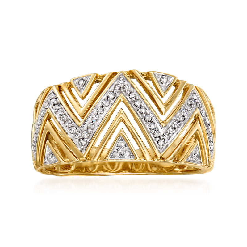 14kt yellow gold open-space chevron diamond ring with zigzag rows of small round stones