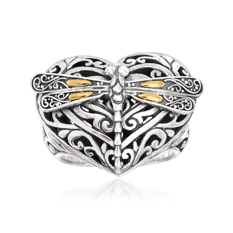 Sterling silver heart ring with dragonfly filigree and yellow gold accents