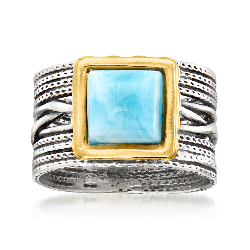 Two-tone ring with square sky-blue larimar-style gemstone in gold bezel, silver patterned band