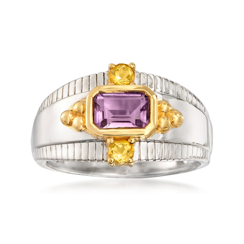Two-tone sterling silver gemstone ring with square amethyst center and three citrine accents