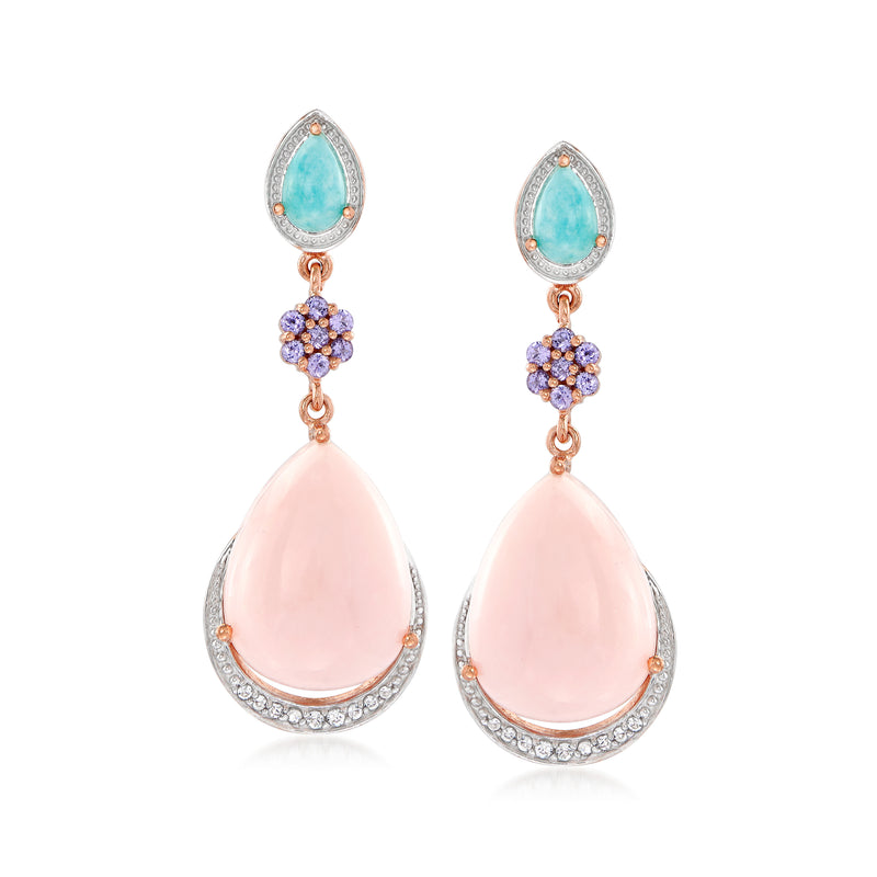 Rose gold drop earrings with blue opal top, purple cluster, and pink teardrop stones