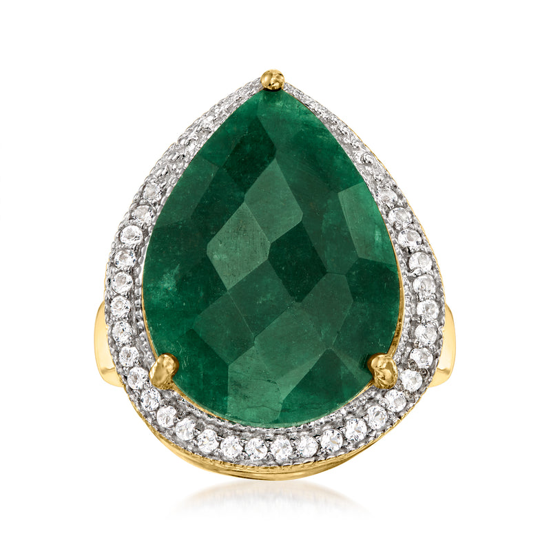 Gold ring with pear-shaped dark green gemstone and white stone halo