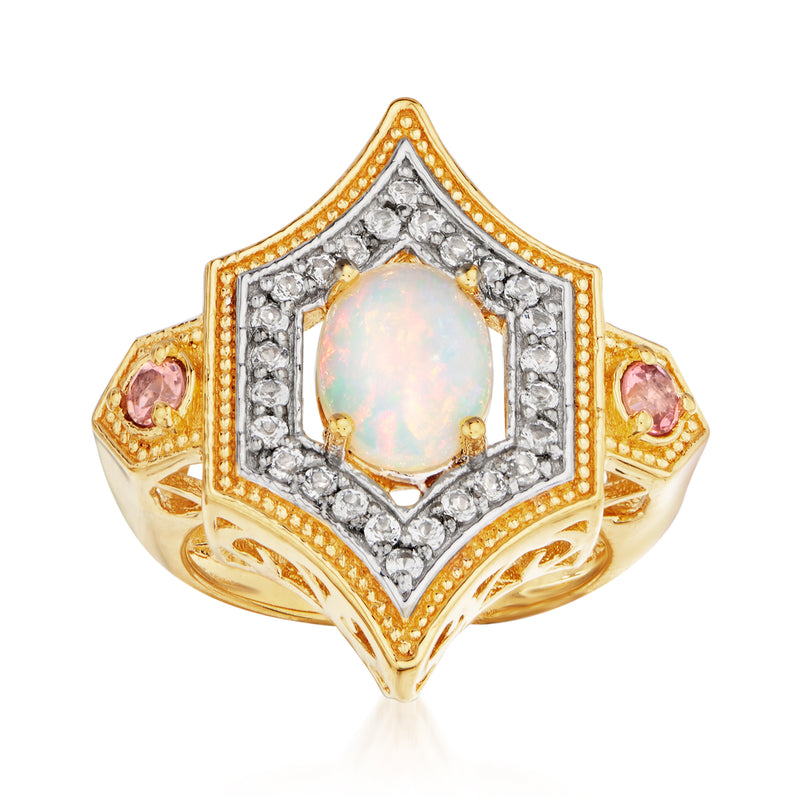 18kt gold over sterling ring with opal center, pink tourmaline side stones and diamond accents