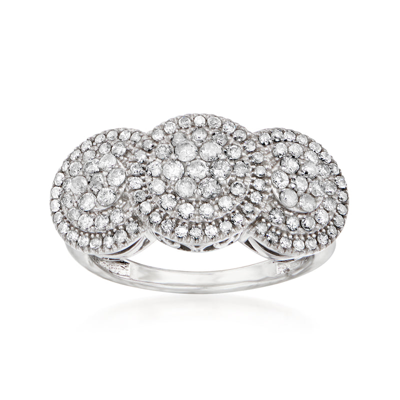 Sterling silver three-circle diamond ring with pavé-set stones
