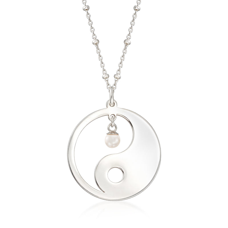 Sterling silver yin-yang necklace with 4mm cultured pearl and round pendant, silver chain