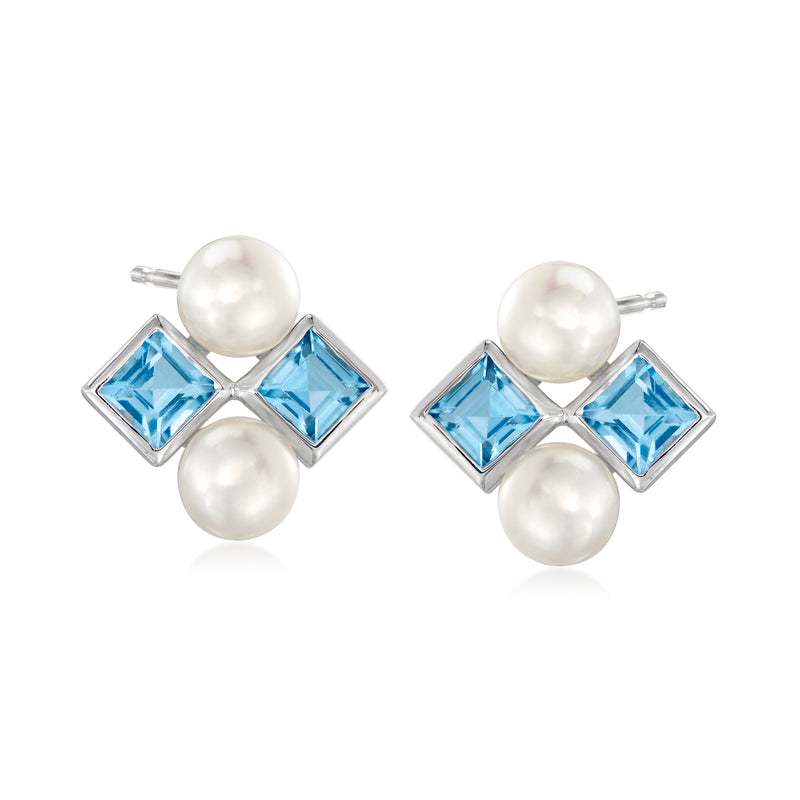 Sterling silver post earrings with cultured white pearls and blue topaz stones