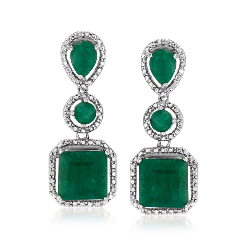 Sterling silver emerald drop earrings with three green gemstones and halo frames