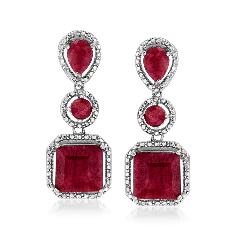 Sterling silver drop earrings with ruby-red oval top and square dangle, halo settings