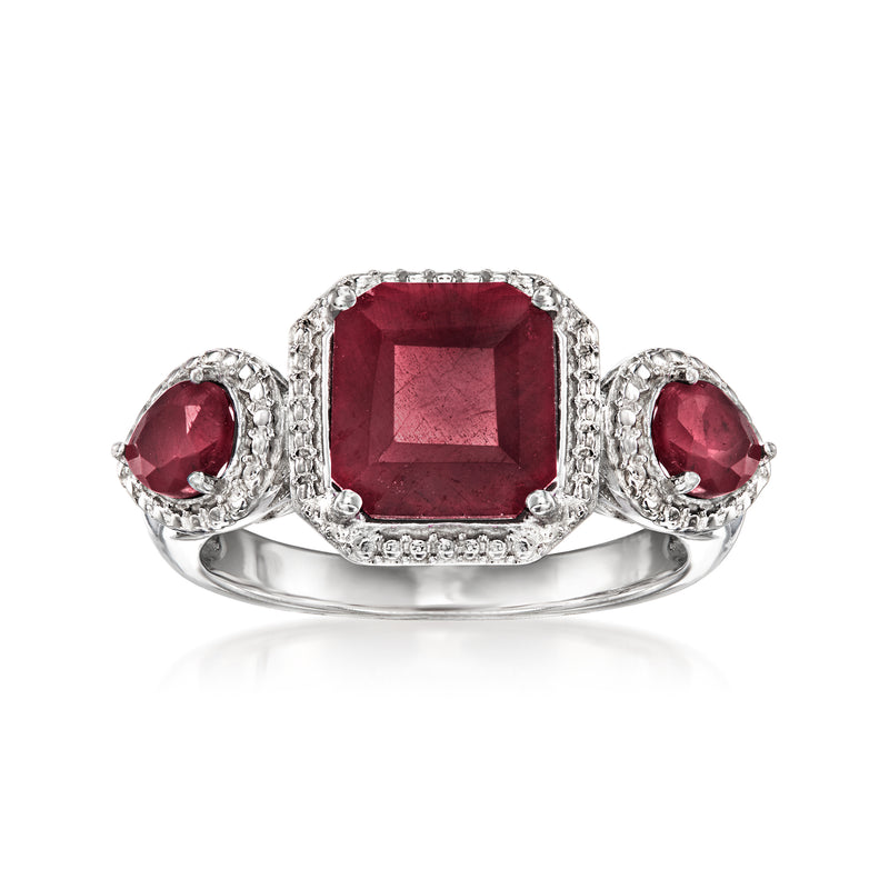 Sterling silver ruby ring with square center stone and two oval side rubies