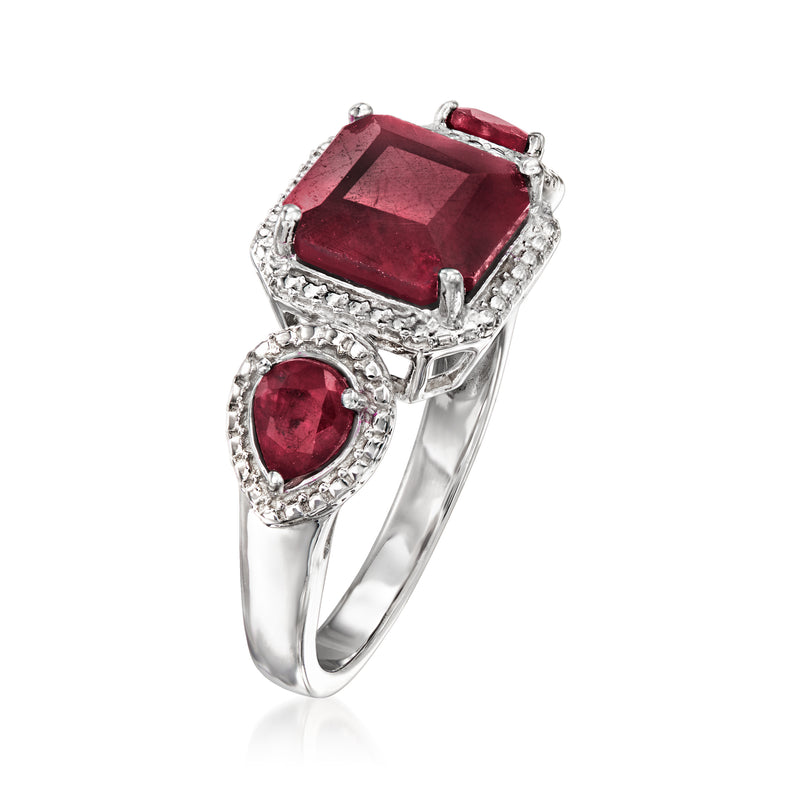 Sterling silver ruby ring, square red center stone with halo-like bezel