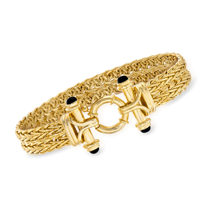 Wheat-link gold over sterling bracelet with black onyx double-prong clasp and oval stones