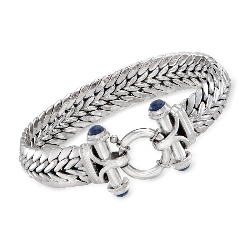 Sterling silver wheat-link bracelet with oval lapis inlaid accents and toggle clasp