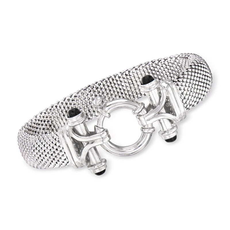 Sterling silver popcorn-link bracelet with black onyx bezels and hinged clasp