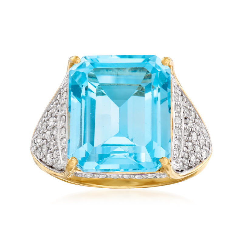 Sky blue topaz ring, large cushion-cut stone, gold bezel and textured shank