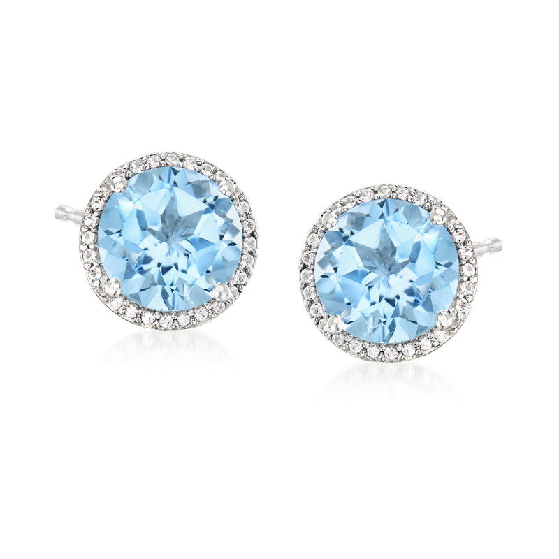 Sterling silver sky-blue topaz stud earrings with white topaz halo, round