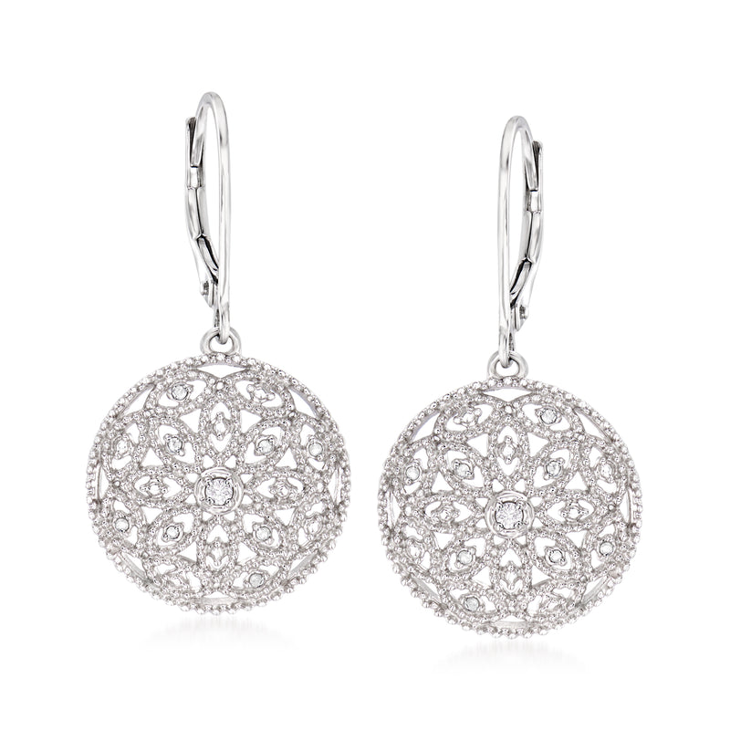 Sterling silver openwork round drop earrings with floral filigree, leverback closures