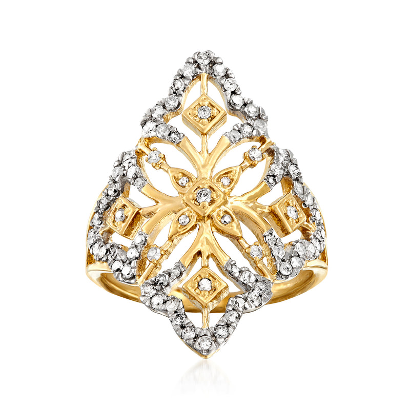 Gold over sterling diamond openwork floral ring with ornate lattice and round stones