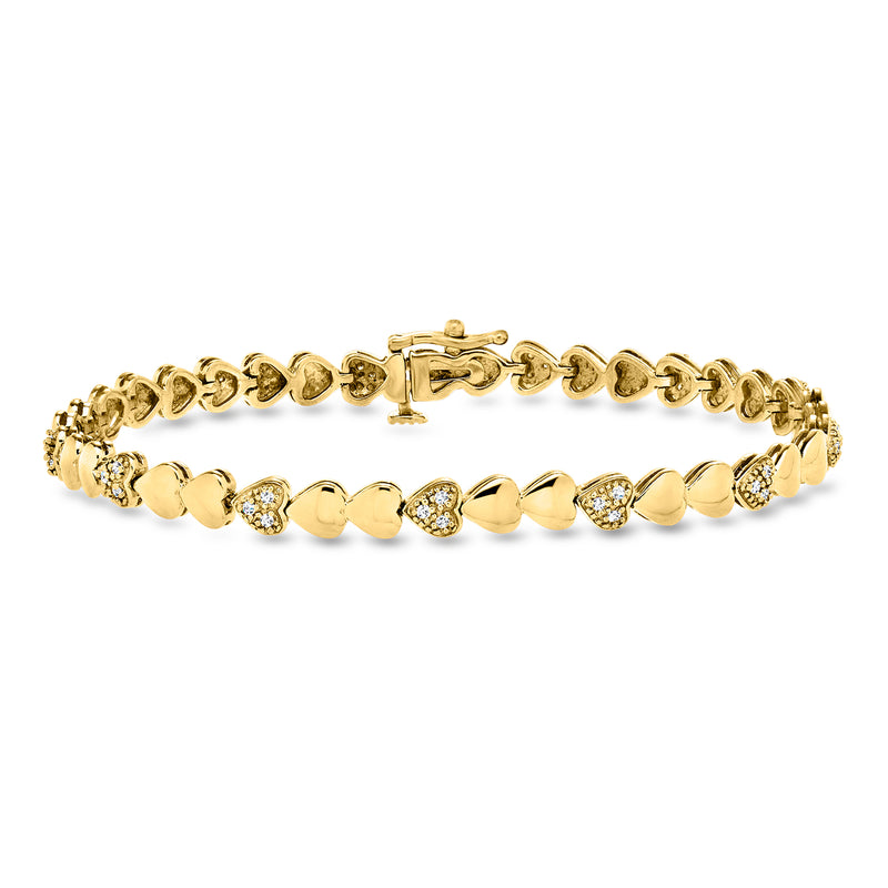 Heart link diamond bracelet in gold over sterling, round sparkle stones, hinged clasp