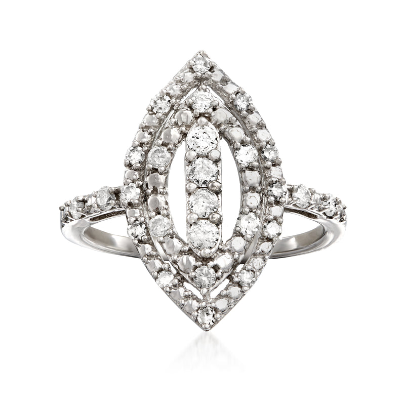 Marquise diamond halo ring in sterling silver with oval center stone and split shank