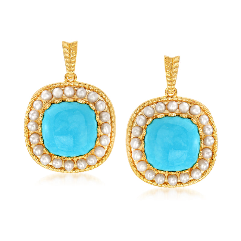 Gold over sterling drop earrings with turquoise oval center and pearl halo