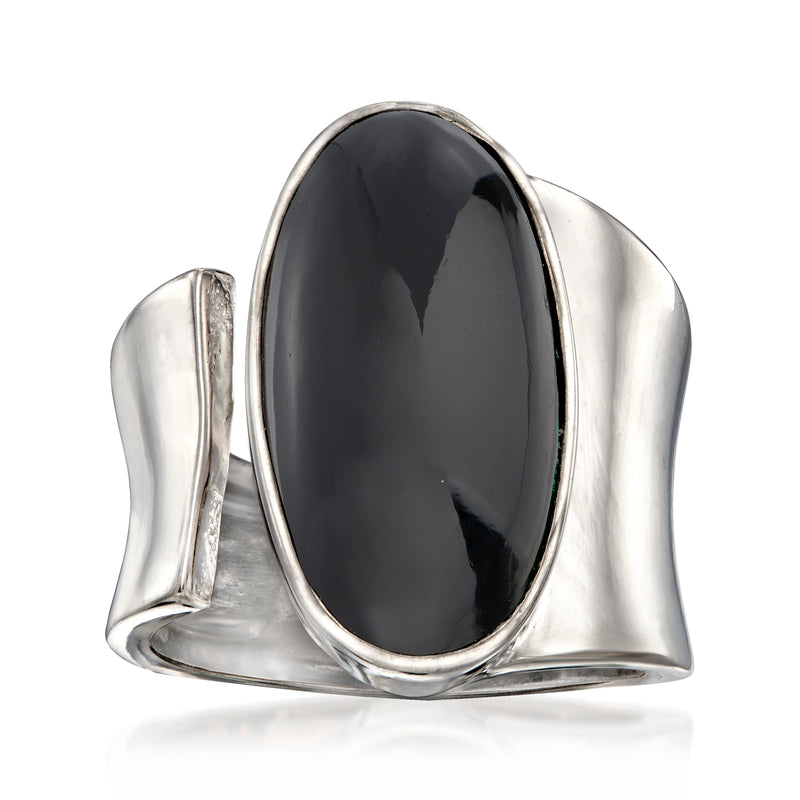Sterling silver wrap ring with oval black onyx cabochon