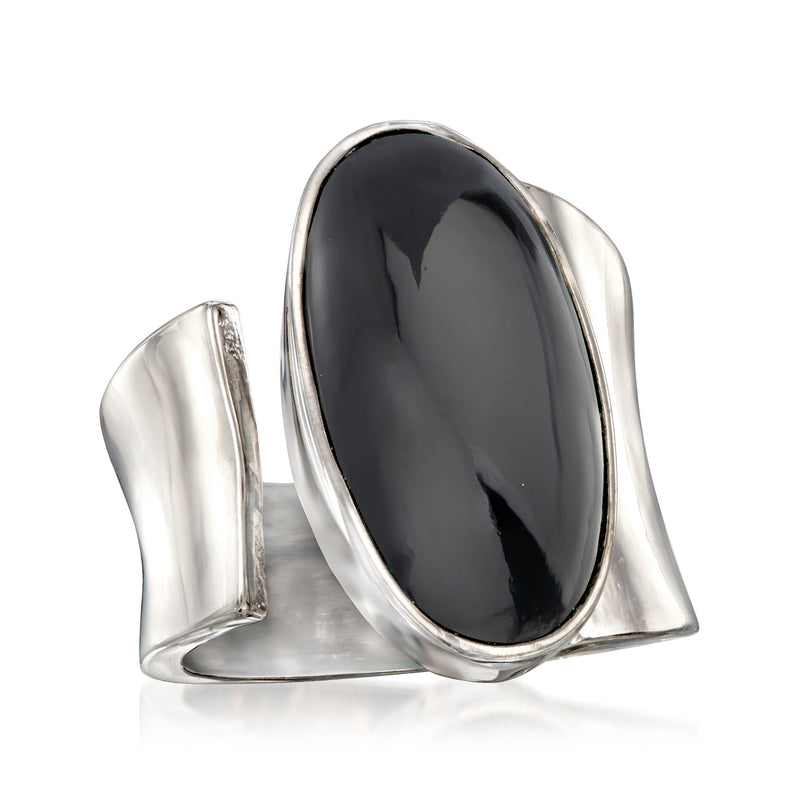 Sterling silver wrap ring with oval black onyx cabochon, open shoulders