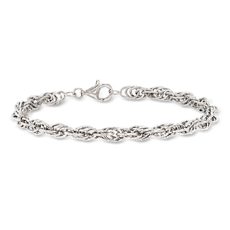 Sterling silver rope-chain bracelet with barrel clasp and interwoven links