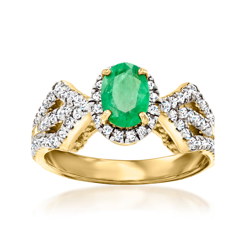 18kt gold over sterling ring with emerald-cut green gemstone and white zircon halo