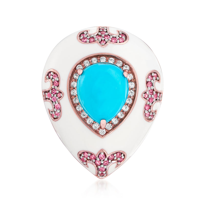 Teardrop rose-gold ring with turquoise center, pink stones, white enamel border