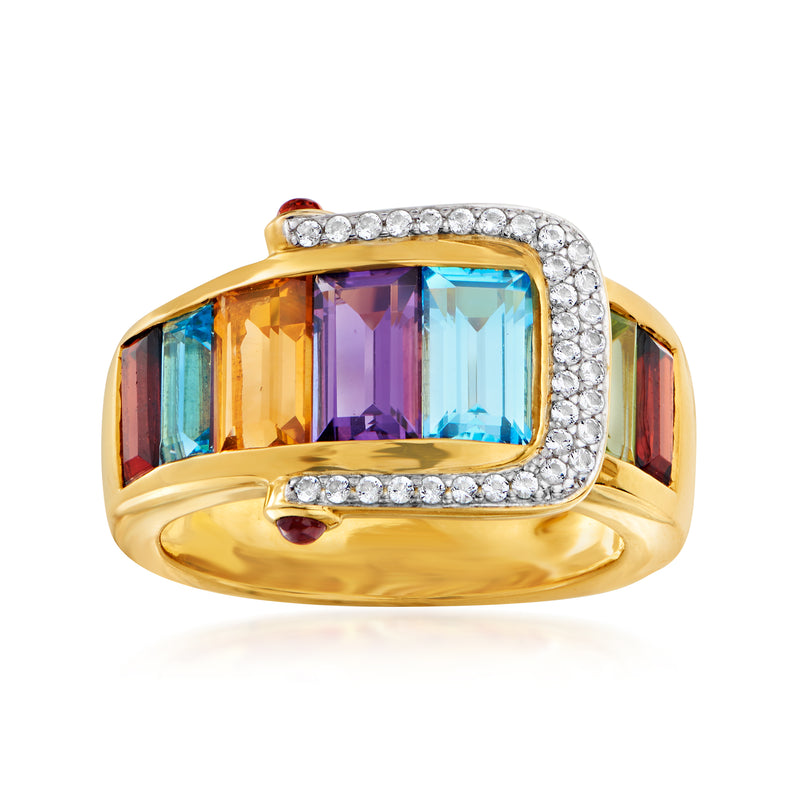18kt gold buckle ring with multicolor rectangular gemstones and diamond halo accents