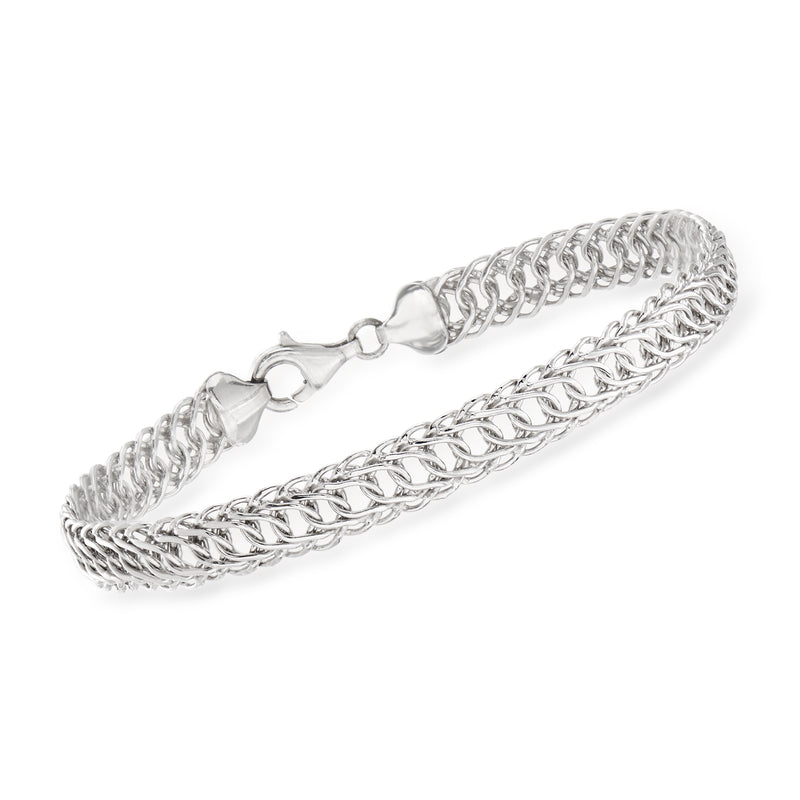 Sterling silver curved interlocking-link bracelet with chain links and clasp