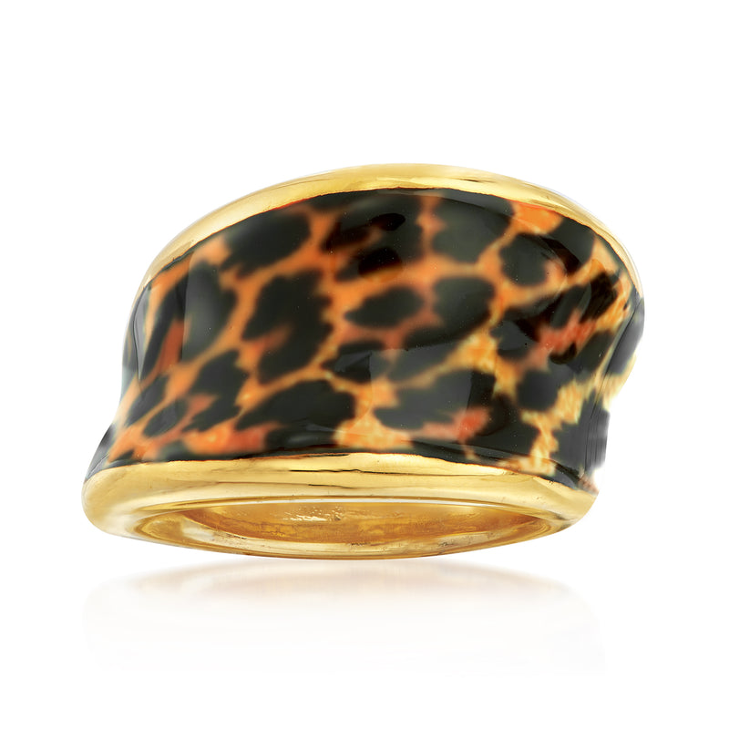 Gold-tone concave enamel ring with leopard-print pattern, rounded band, wide profile