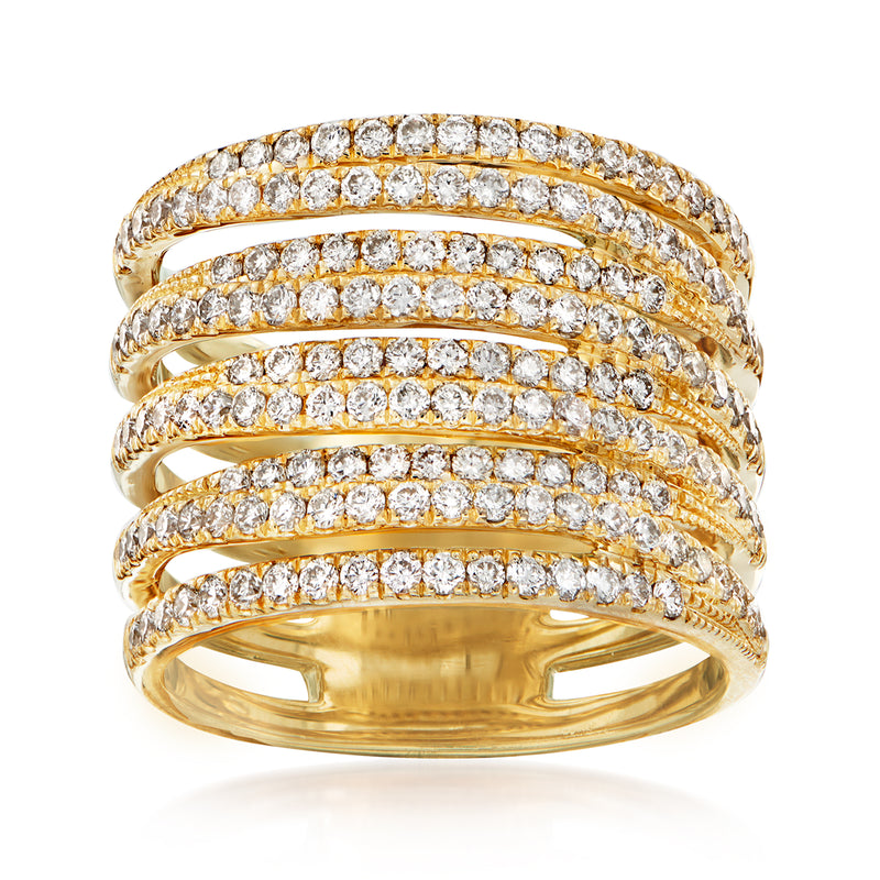 14kt yellow gold diamond multi-row band ring with five rows of round stones