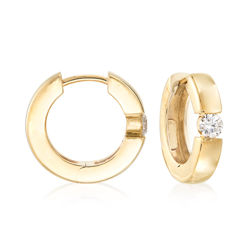 14kt yellow gold diamond hoop earrings, hinged round hoops with small solitaire