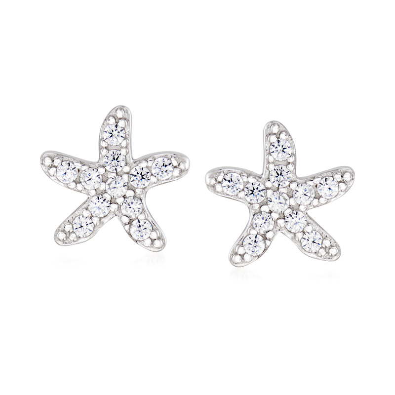 Sterling silver starfish CZ stud earrings with clear cubic zirconia stones