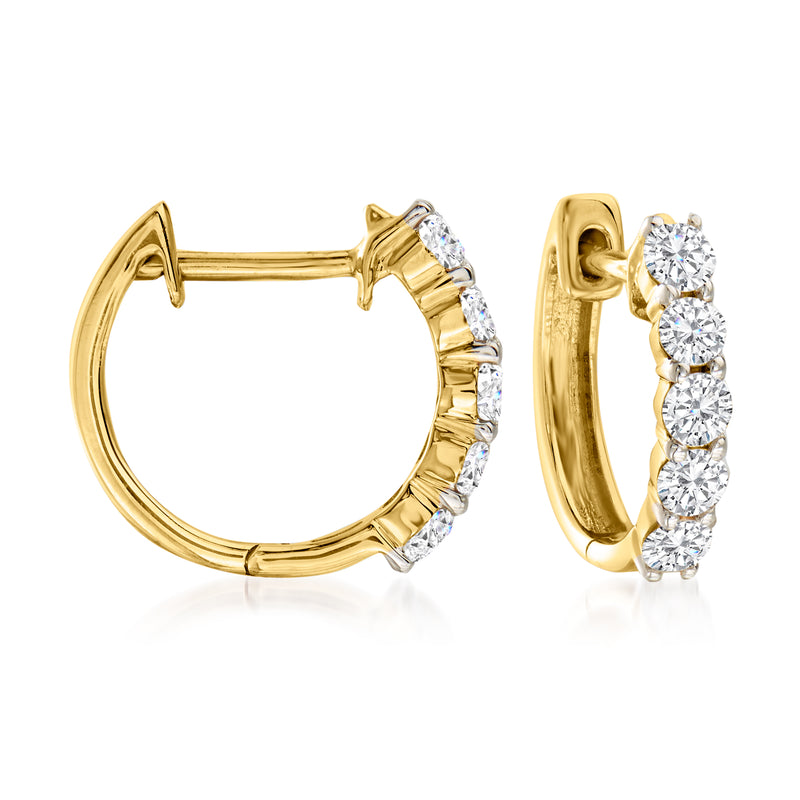 14kt yellow gold huggie hoop earrings with small round diamonds, open view