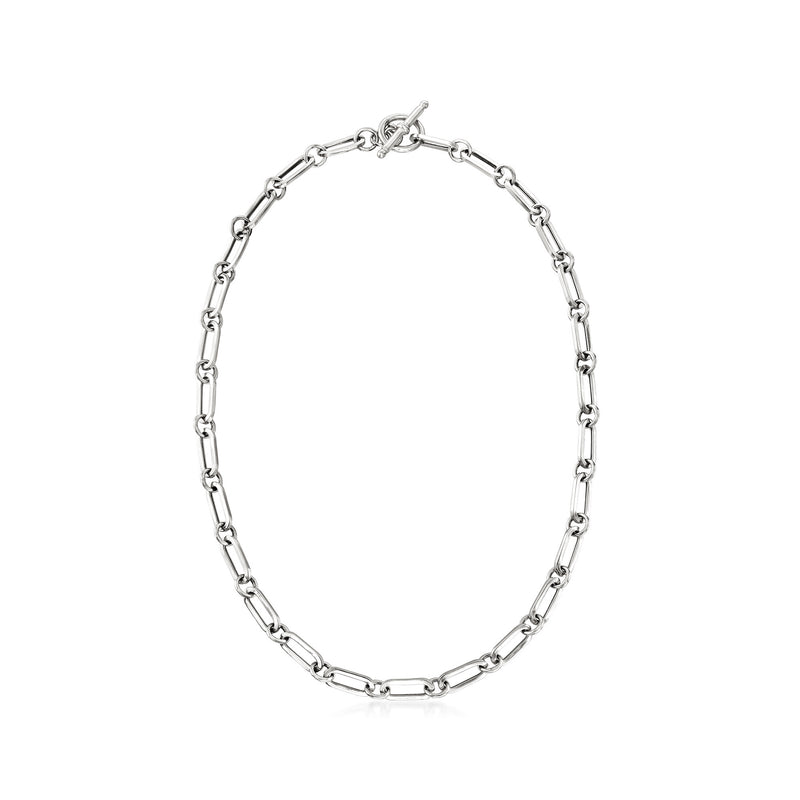 Sterling silver paper-clip link toggle necklace, circular view of chain and clasp