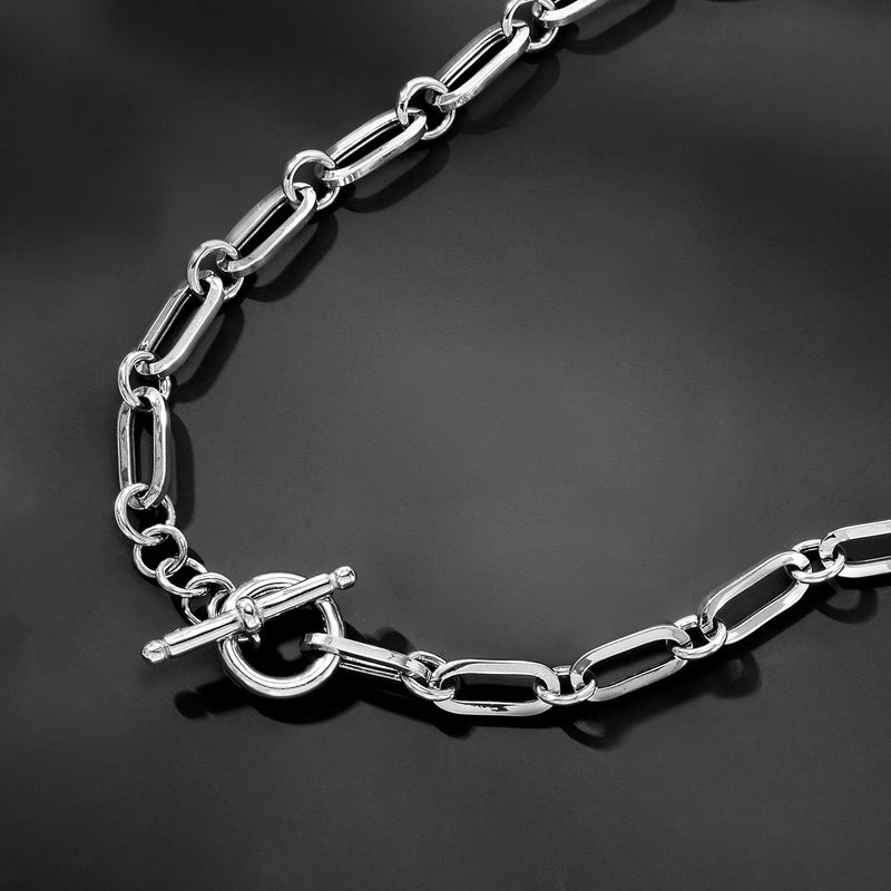 Sterling silver paper-clip link necklace with oval toggle clasp and chain links