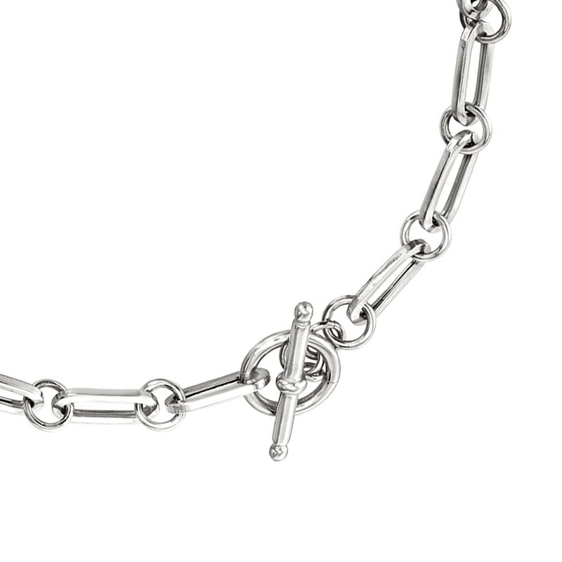 Sterling silver paper-clip link toggle necklace with bar-and-ring clasp detail