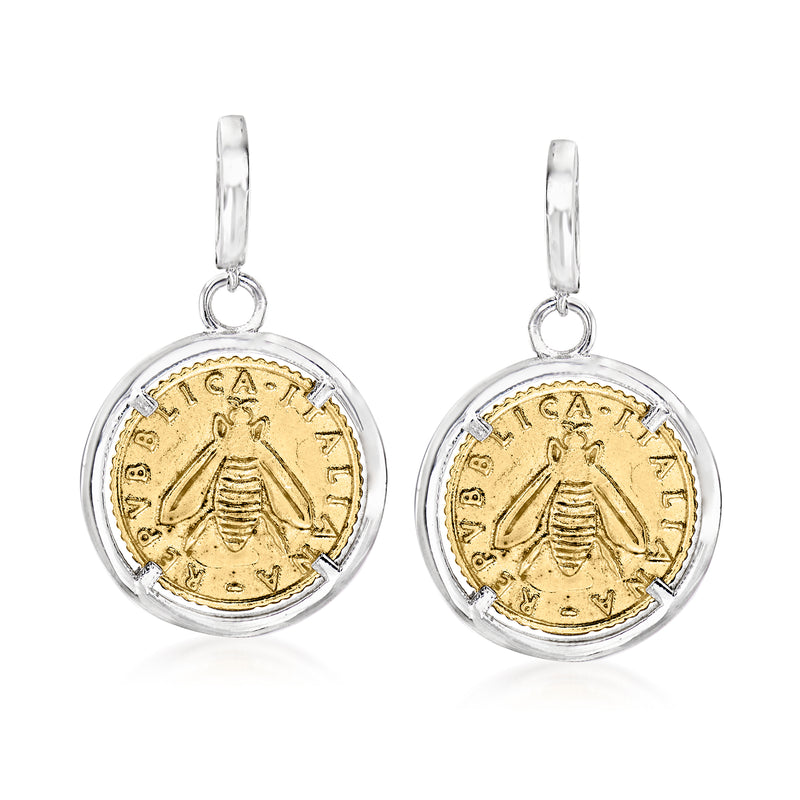 Coin drop earrings in sterling silver with gold-tone bee motif on round medallions