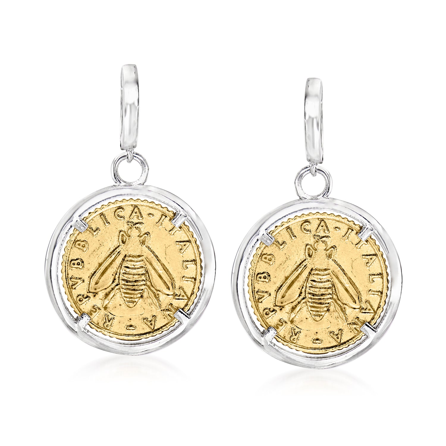 Italian Replica Lira Bumblebee Coin Drop Earrings in Sterling Silver and 18kt Gold Over Sterling