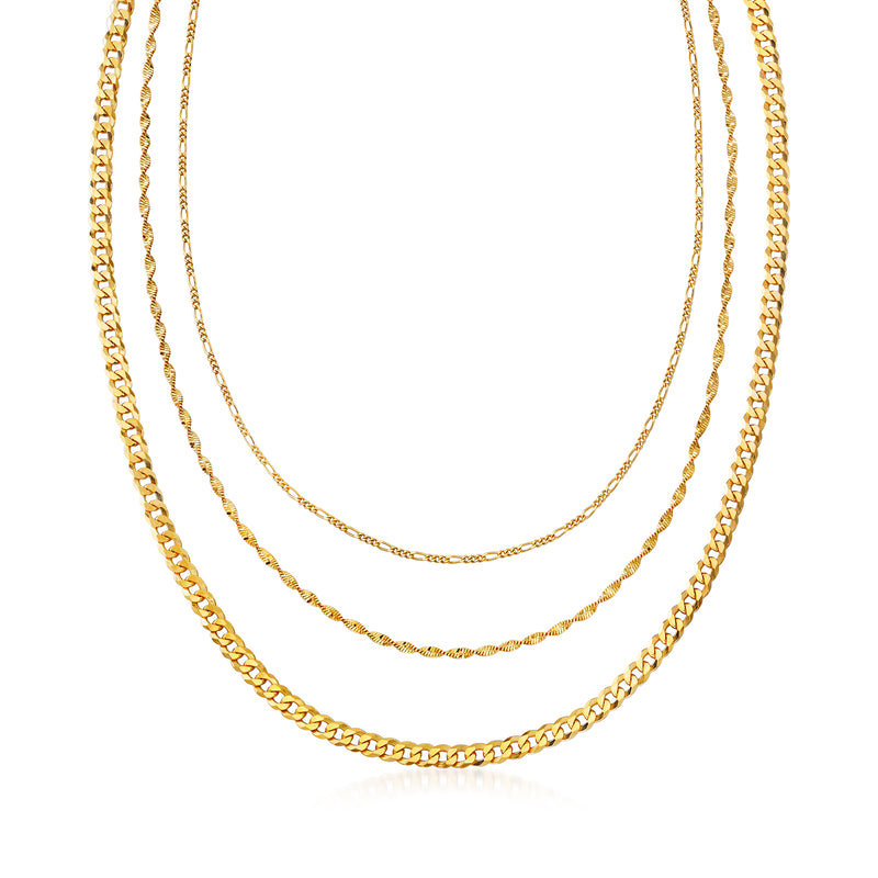 Gold multi-layer necklace with three twisted link chains