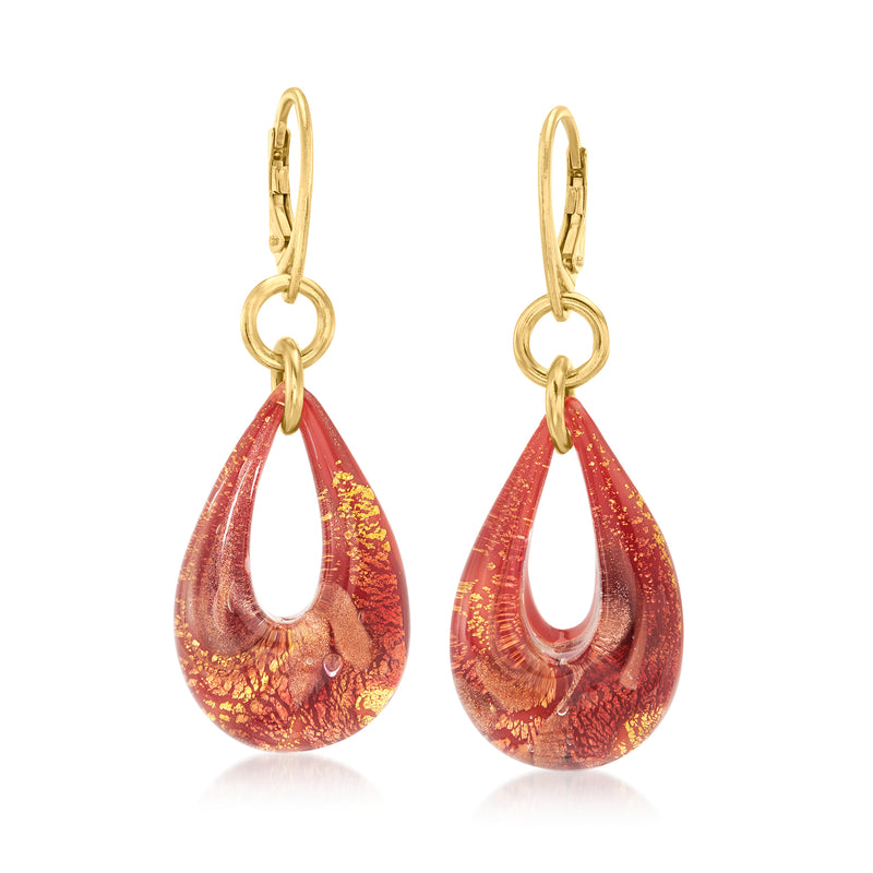Red speckled teardrop Murano-style glass earrings with gold leverback and ring drops