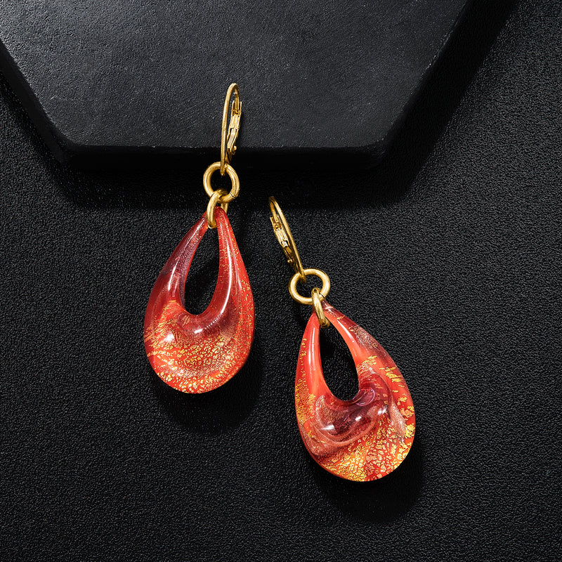 Red and gold speckled teardrop drop earrings with gold leverback and ring dangles