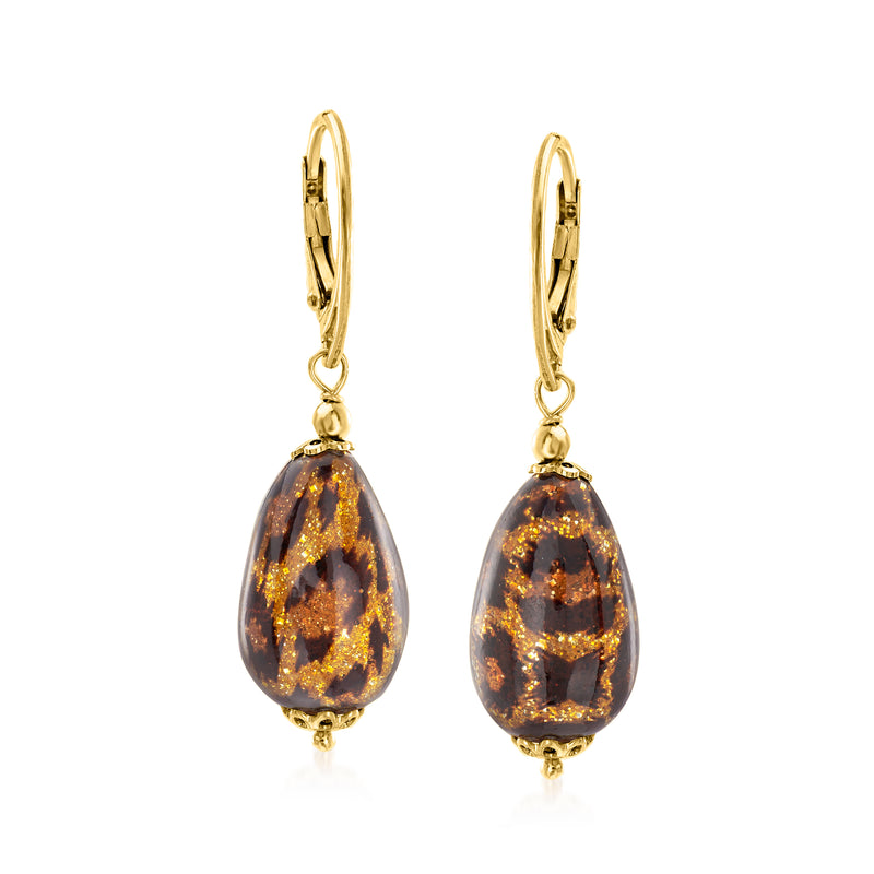 Gold leverback drop earrings with amber leopard-print teardrop glass pendants