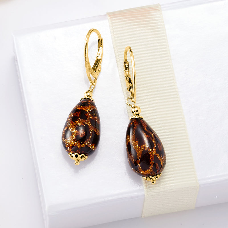 Gold leverback drop earrings with amber leopard-print teardrop glass dangles
