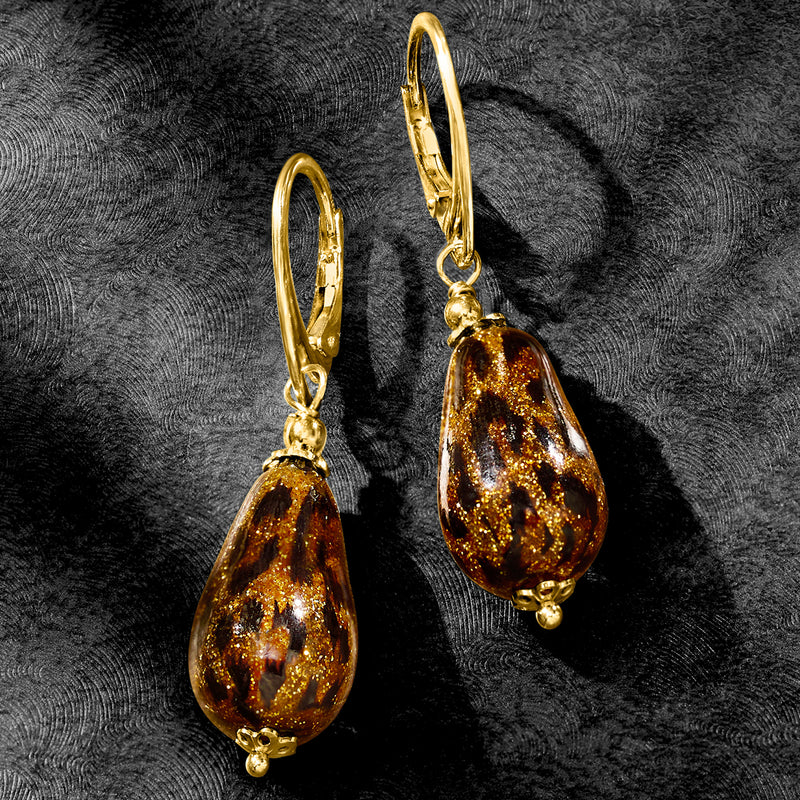 Gold leverback drop earrings with teardrop amber leopard-print Murano glass drops