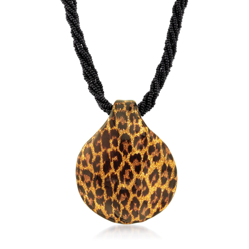 Gold leopard-print Murano glass teardrop pendant necklace with black beaded chain