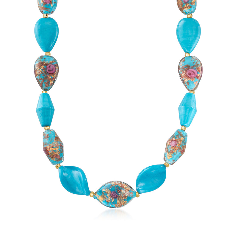 Multicolored Murano glass bead necklace with gold-tone accents and turquoise blue heart beads